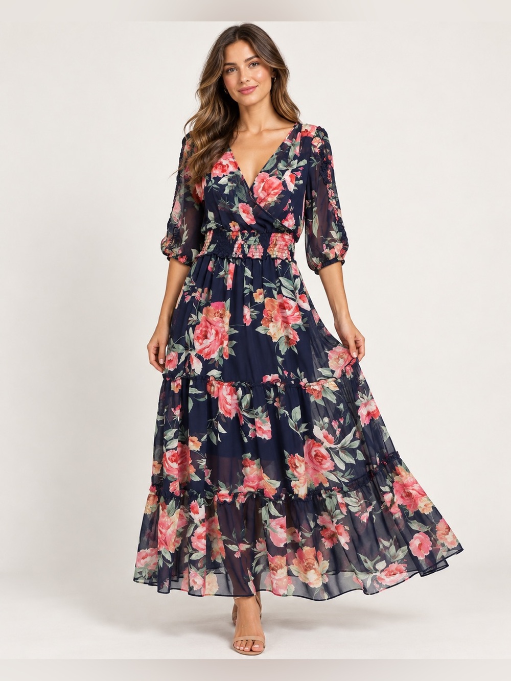 Kate & Lily Floral Maxi Dress Size 4 Navy Pink Sheer Chiffon Tiered